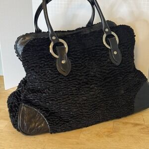 Extra Large Glenda Gies Chenille Leather Tote Bag weekender 17x12x8 In Black